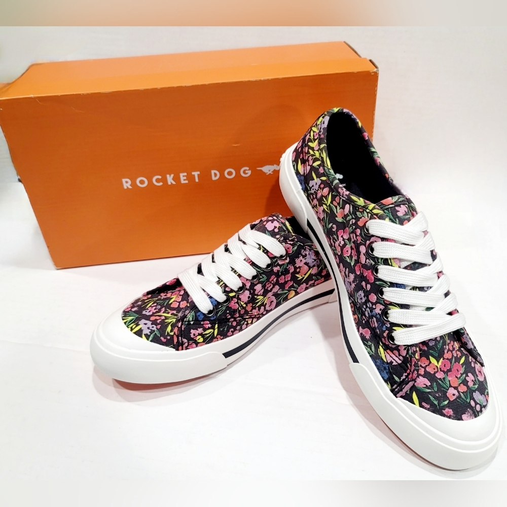 NEW Rocket Dog Women's Jumpin Britton Floral Canvas Cotton Sneakers Black Sz 8.5